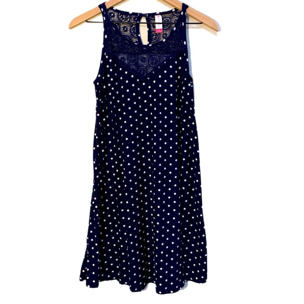 NO BOUNDARIES Sundress Juniors L 11/13 Navy Blue White Polka Dot Lace Mini.